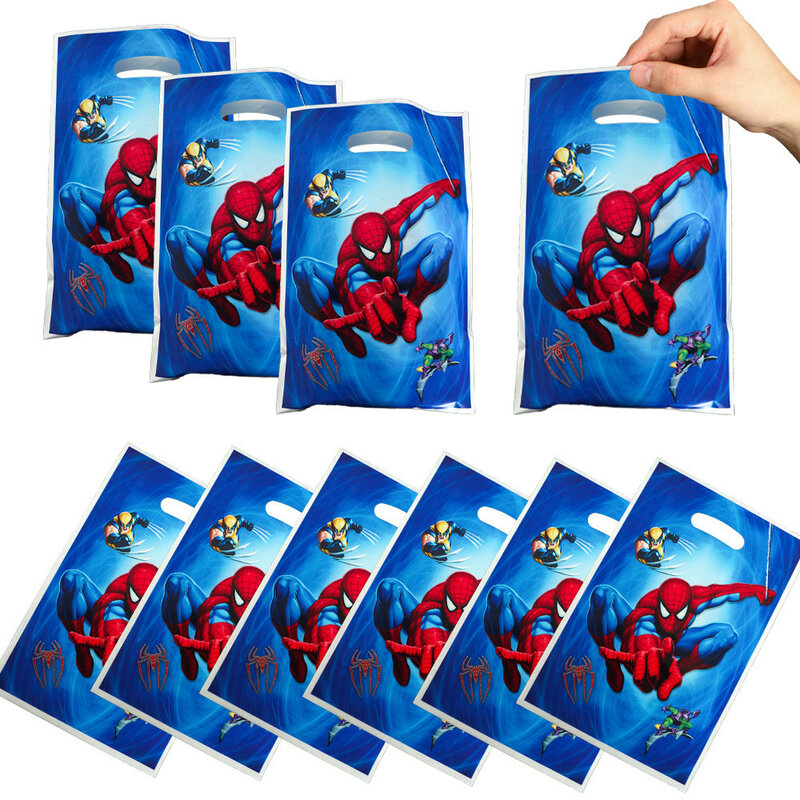 Bolsa de plástico con asas de superhéroes de dibujos animados, bolsa de regalo de Spiderman, para decoración de cumpleaños, paquete de botín para aperitivos, recuerdo de fiesta
