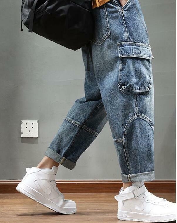 Мужские джинсы-карго с несколькими карманами, зауженные брюки, свободные потертые Молодежные штаны для скейтборда