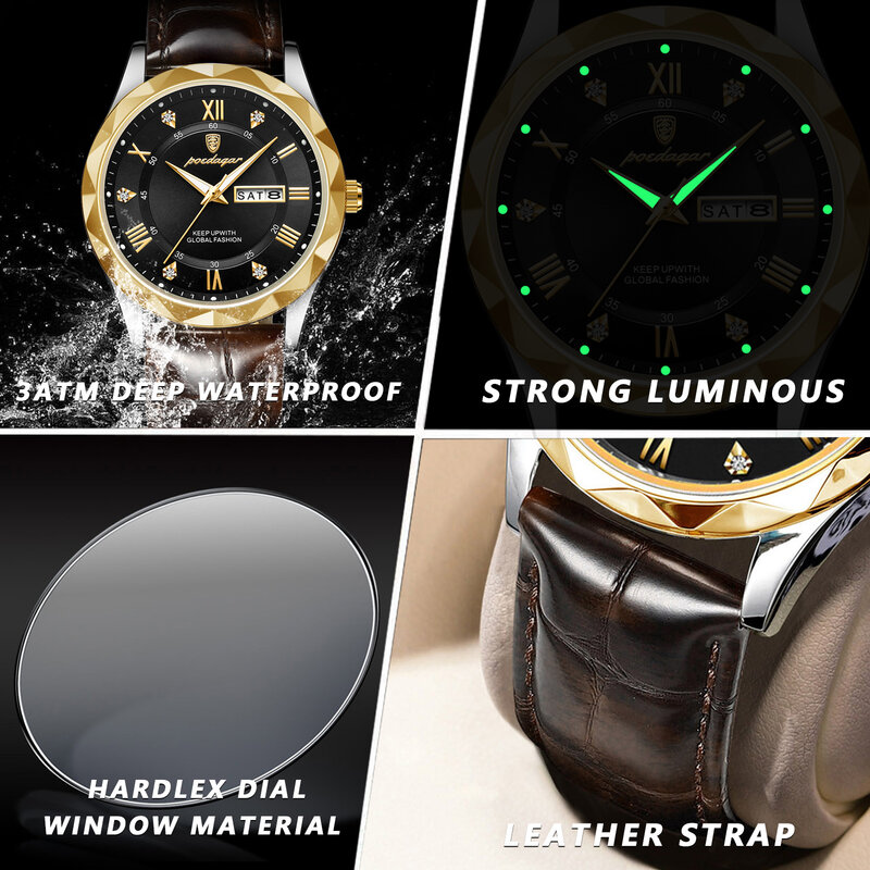POEDAGAR-Relógio de pulso masculino de luxo, impermeável, luminoso, data week, relógio quartzo, relógios de couro