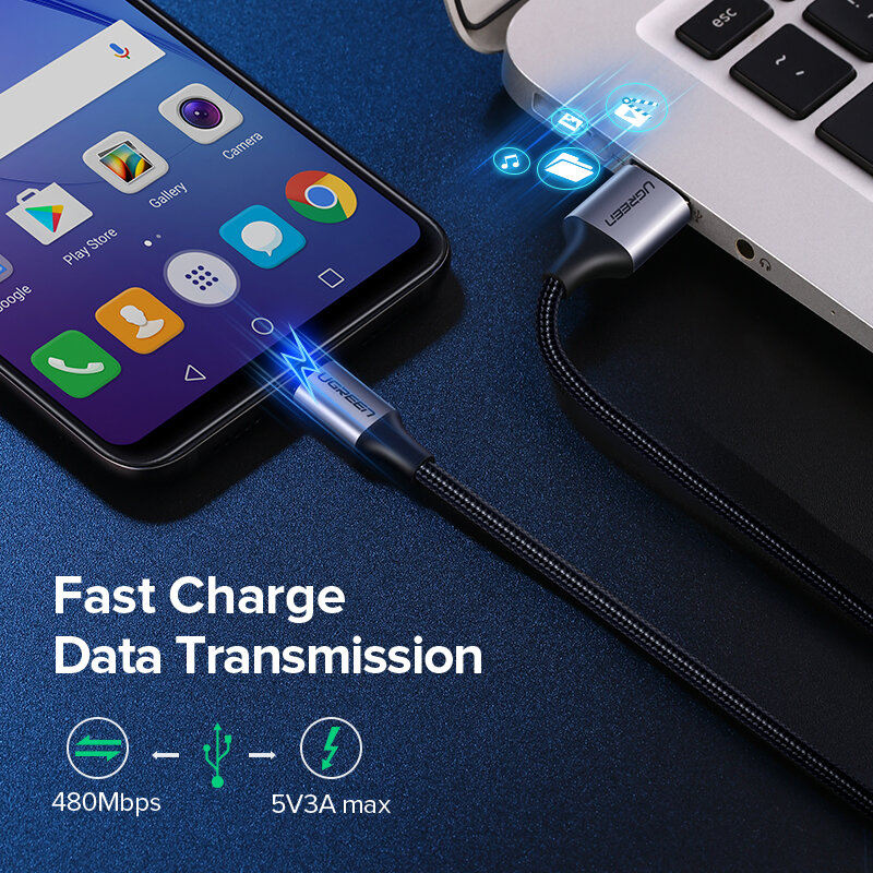 Ugreen – Câble USB micro à chargement rapide, 3 A, cordon en nylon pour transfert de données, pour Samsung, Xiaomi, LG, tablette Android, téléphone portable