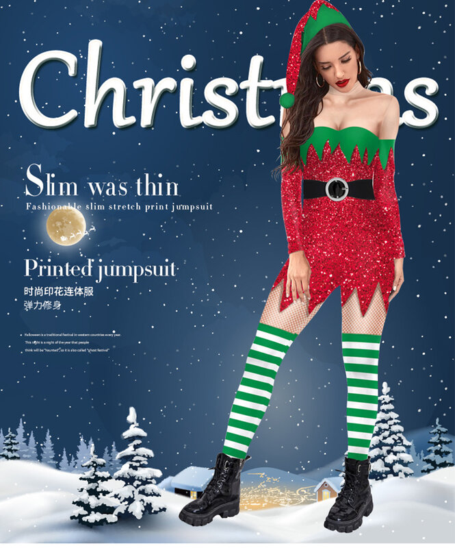 Популярный Рождественский костюм с 3D принтом, комбинезоны с контрастными вставками для рождественской сцены, Комбинезоны для выступлений, женские колготки, боди