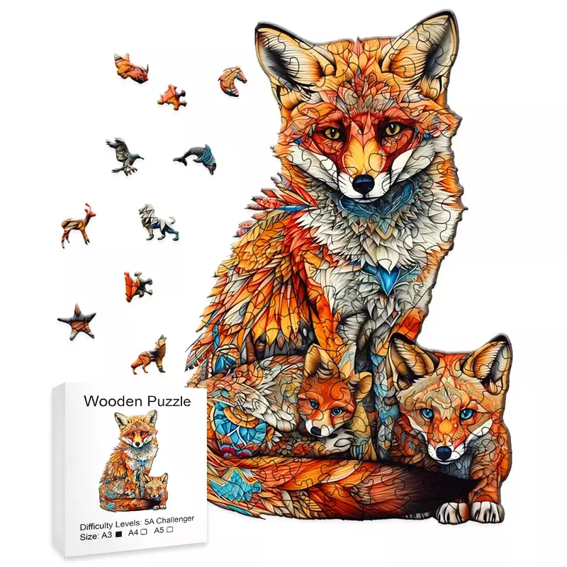 Warm Fox Family rompecabezas de madera, variedad creativa de formas especiales, regalos creativos para niños y niñas, regalos de cumpleaños para adultos