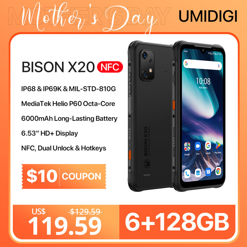 UMIDIGI-BISON x20頑丈なAndroid携帯電話,スマートフォン,MTk helio p60オクタコア,6.53インチhd,6GB, 128GB, 6000mAhバッテリー,NFC,ワールドプレミア