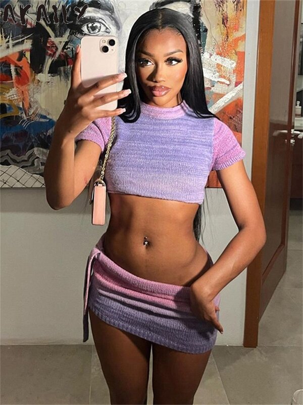Akaily Summer Purple Gradient Knit 2 Piece Sets Club Outfits Women 2024 Street Short Sleeve Crop Tops And Drawstring Skirt Sets