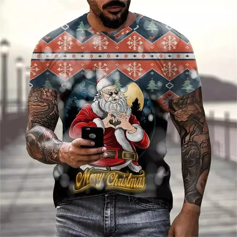 เสื้อยืดผู้ชายลาย3D ซานตาคลอสลำลองฮาราจูกุแฟชั่นใหม่เสื้อแขนสั้นผู้ชายไซส์ใหญ่