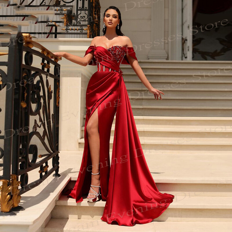 Charming Elegant Red Women's Mermaid Popular Evening Dresses Modern Off Shoulder Beaded Prom Gowns Sexy Split Formal Occasions