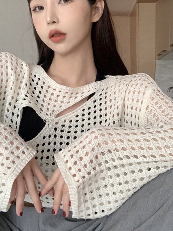 Herbst kurz aushöhlen weißen Pullover Pullover Frauen koreanische Vintage Mode y2k Streetwear Langarm Top lose Strickwaren