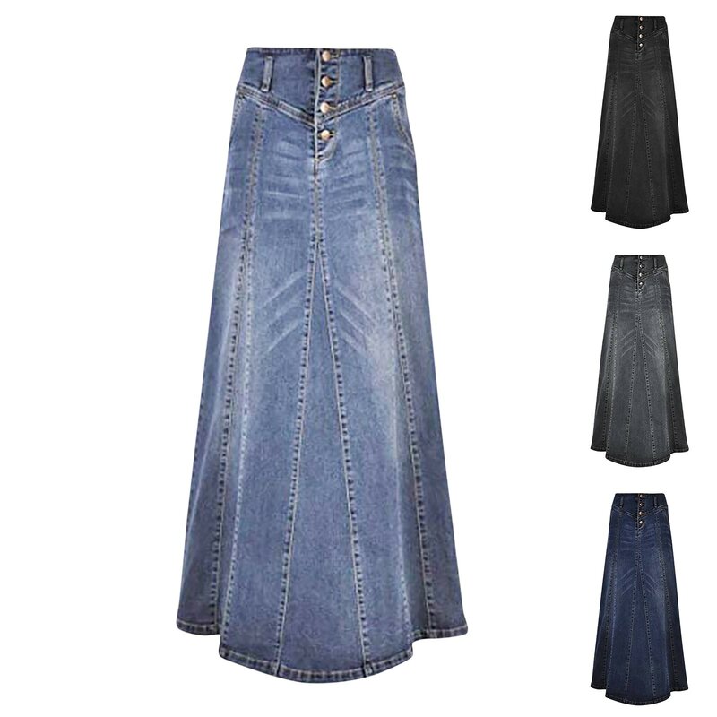Denim Skirt Women Floor-Length Dress Spring Autumn Fashion Female Long Sewing Thread Single Breasted Loose Casual Jeans Skirts