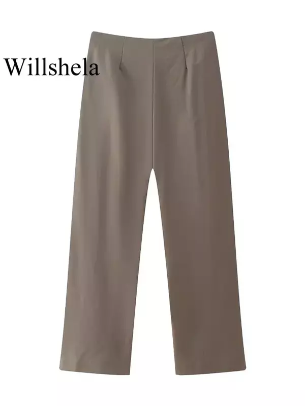 Top plissado castanho com gola alta e calças retas para mulheres, moda luxuosa, 62USD-Willshela, conjunto de 2 peças