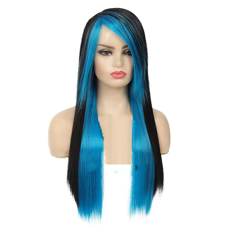 Peruca longa azul preto do punk do penteado peruca para as mulheres sedosa reta sintética resistente ao calor lado franja perucas de cabelo