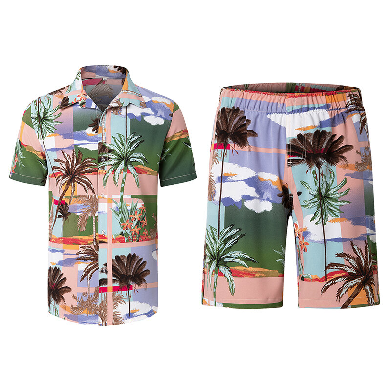 Camisas de manga curta estampadas florais masculinas, com botão baixo, poliéster, unissex, roupa de praia do verão, conjunto havaiano