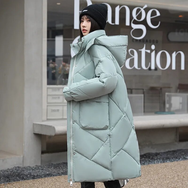 女性用ロングパーカジャケット,厚手のコットンコート,パッド入り,ロング,冬用