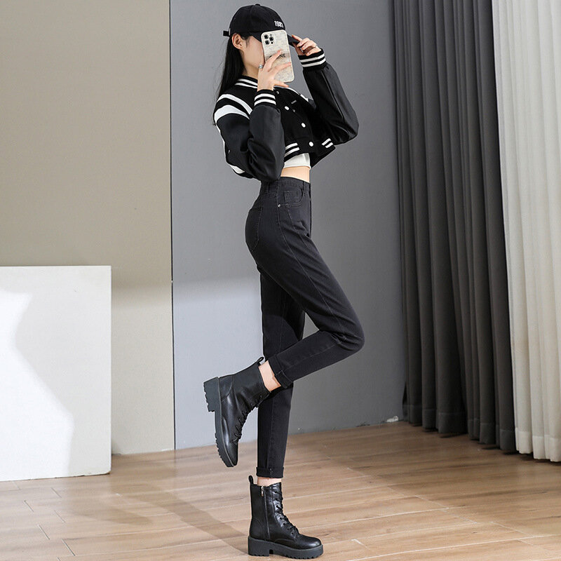 ผู้หญิงสีดำกางเกงยีนส์ข้อเท้าความยาวเอวแคบด้านล่างดียืดหญิงกางเกงยีนส์ Y2k Cyber Streetwear แฟนกางเกง