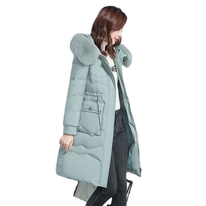 Winter New Solid Color Real Fur Collar Hooded Fashionable Warm Women's Down Jacket Slim and Thick White Duck Down Parkas