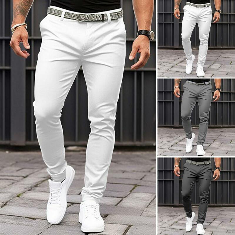 กางเกงสีทึบเข้ารูปของผู้ชาย celana setelan สีพื้นมีกระเป๋าเอวสูงปานกลางมีซิปลอยสำหรับชุดทำงานสำนักงานธุรกิจ