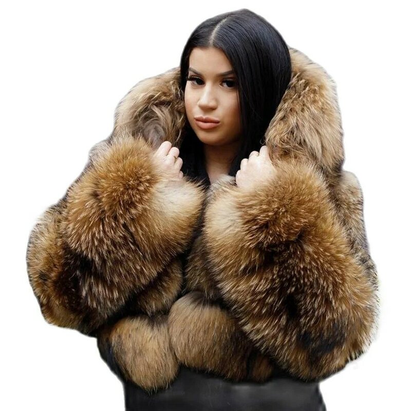 Jaket Mantel Bulu Berkerudung Mode Mantel Bulu Asli Wanita Jaket Bulu Rakun Tebal Pendek Musim Dingin Bulu Rubah Mantel Bulu Alami