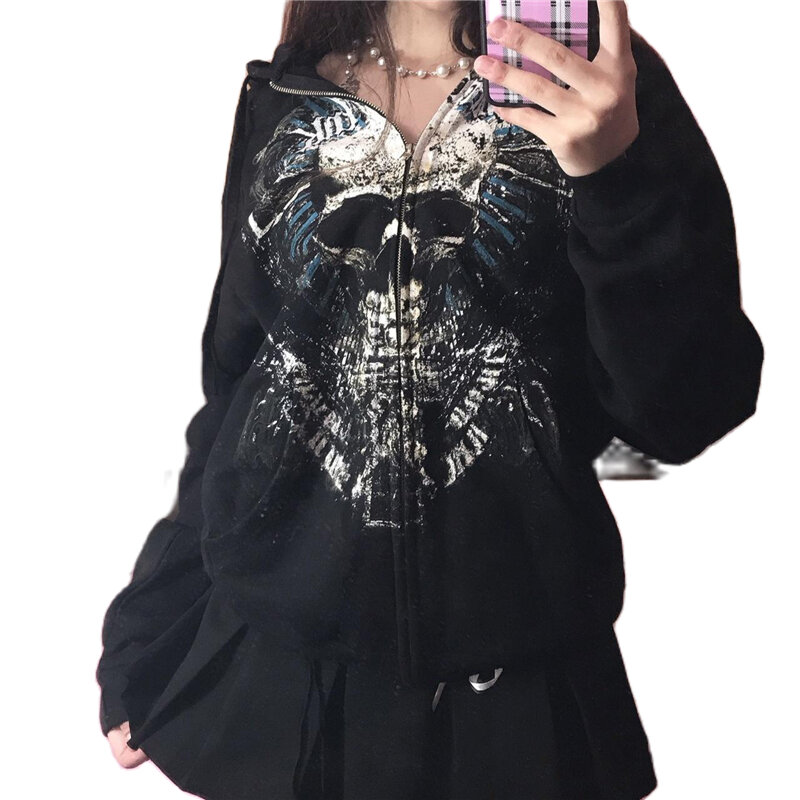 Kaus Gotik Wanita 2000S Peri Grunge Tengkorak Cetak Lengan Panjang Atasan Bertudung Y2k Estetika Hoodie Pakaian Longgar Streetwear