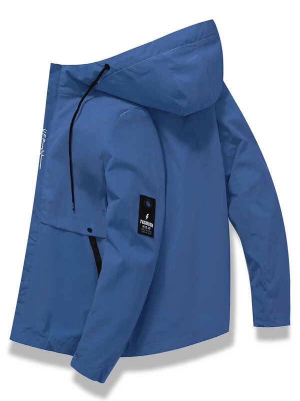 Jaqueta esportiva masculina com zíper monocromático, jaqueta masculina à prova de vento de alta qualidade, casual, chapéu reto, roupa masculina ao ar livre com capuz