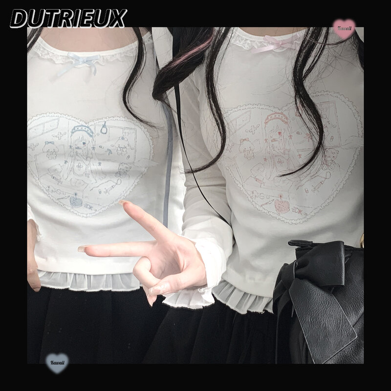 Koronkowe damskie Top prosty styl japoński wiosenne jesienne damskie topy koszulka Casual wycięcie pod szyją t-shirt z długim rękawem t-shirt