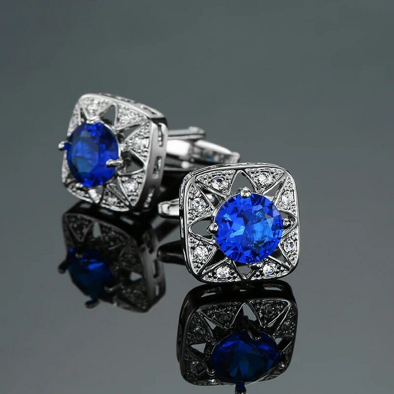 Manset kemeja Perancis kualitas tinggi, hadiah perhiasan setelan pria logam tembaga kancing kristal biru berongga mewah