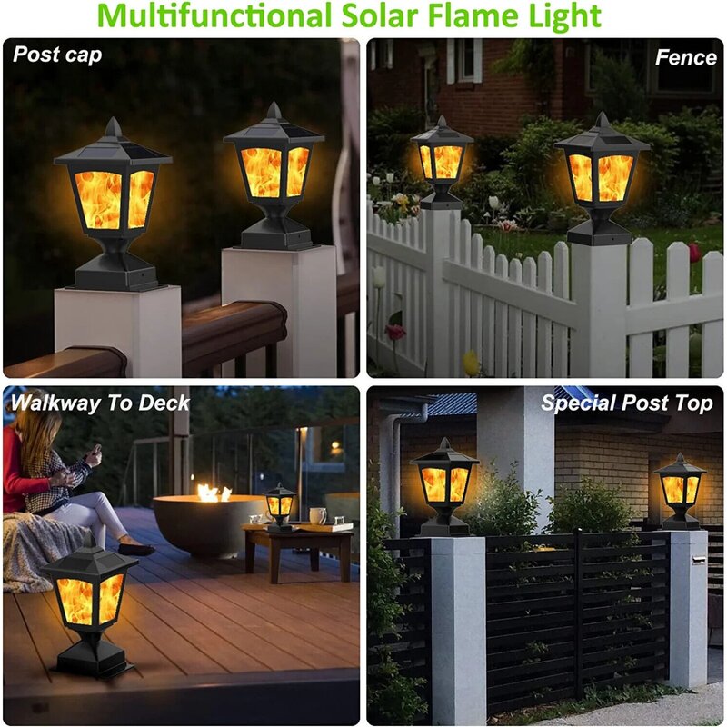 2 Pcs Outdoor Flame Light Solar Post Deck Fence Cap Waterproof Flickering Lights