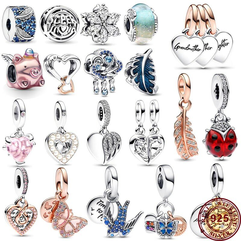 Bracelet à breloques en argent 925 pour femmes, brillant, amour, cœur, papillon, Logo, plume, perlé, DIY, bijoux, pendentif, Original, nouvelle tendance