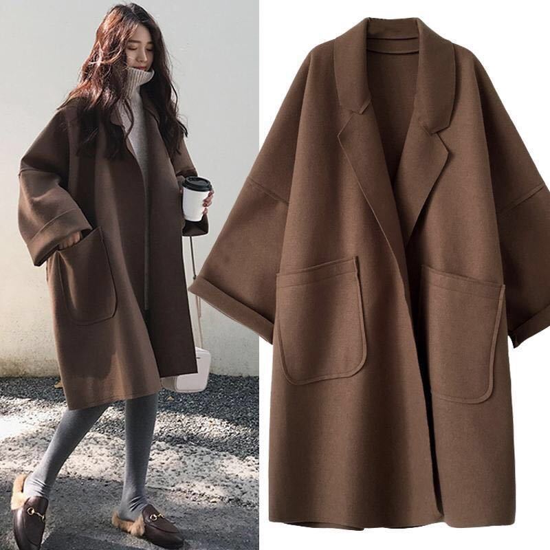 Elegante casaco de lã de comprimento médio feminino, jaqueta vintage, gola virada para baixo, cardigã solto, tamanho grande, 4XL, inverno