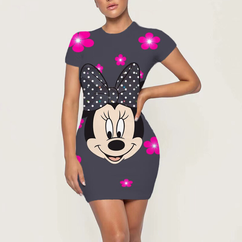 Disney-Vestido de manga curta bonito estampado, Minnie, Mickey, Mouse, Apertado, Moda Verão, Bolsa, Quadril, Praia, Festa, Boate
