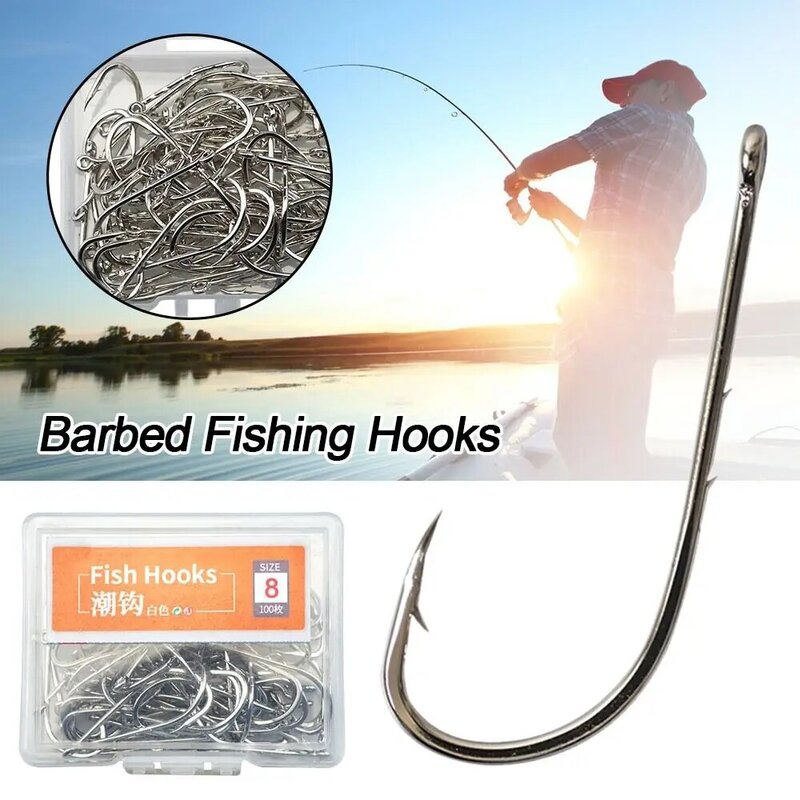 200Pcs High Carbon Steel Barbed Fishing Hooks Silver Carp Long Shank Fishing Hook Sea Worm Single Circle Hook Set