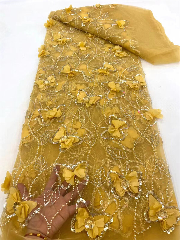 Kain Tulle renda manik-manik berat Afrika mewah, kain Applique bordir bunga 3D, bahan Tulle Prancis, 5 yard, 2024