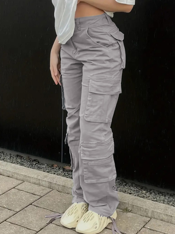 LW COTTON Pocket Design Solid Color Pants Plain Flap Cargo Jeans Street Hip-hop Low Waist Fashion Trendy Denin Casual Trousers