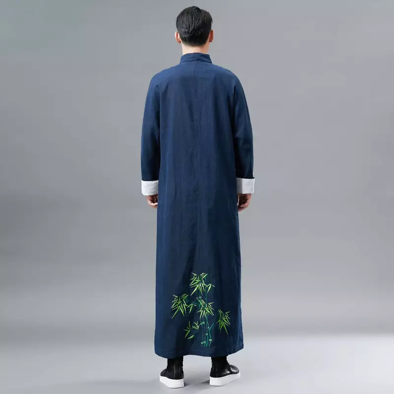 Зеленая бамбуковая вышитая длинная рубашка, мужская длинная рубашка Hanfu в этническом стиле