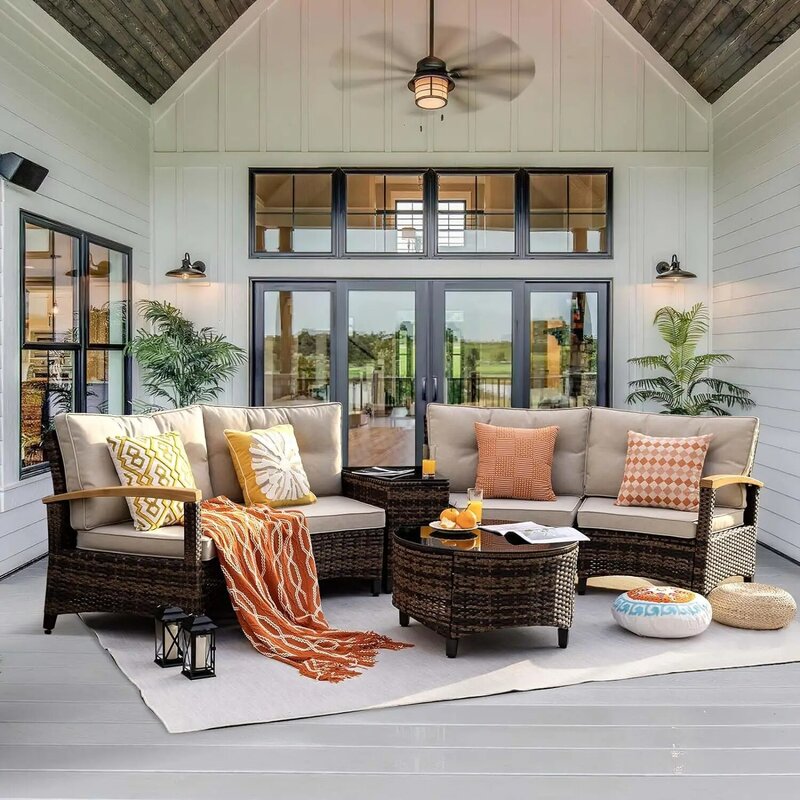 Outdoor Patio Furniture Set, Half-Moon Curved Sectional Sofa Rattan Patio Conversation Set with Wood Armrest, Coffee Table