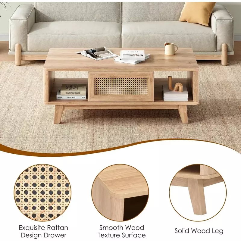 Couch tisch, Mitte des Jahrhunderts Wohnzimmer tische mit Stauraum, moderner quadratischer Couch tisch mit Rattan schublade, hölzerner Wohnzimmer tisch