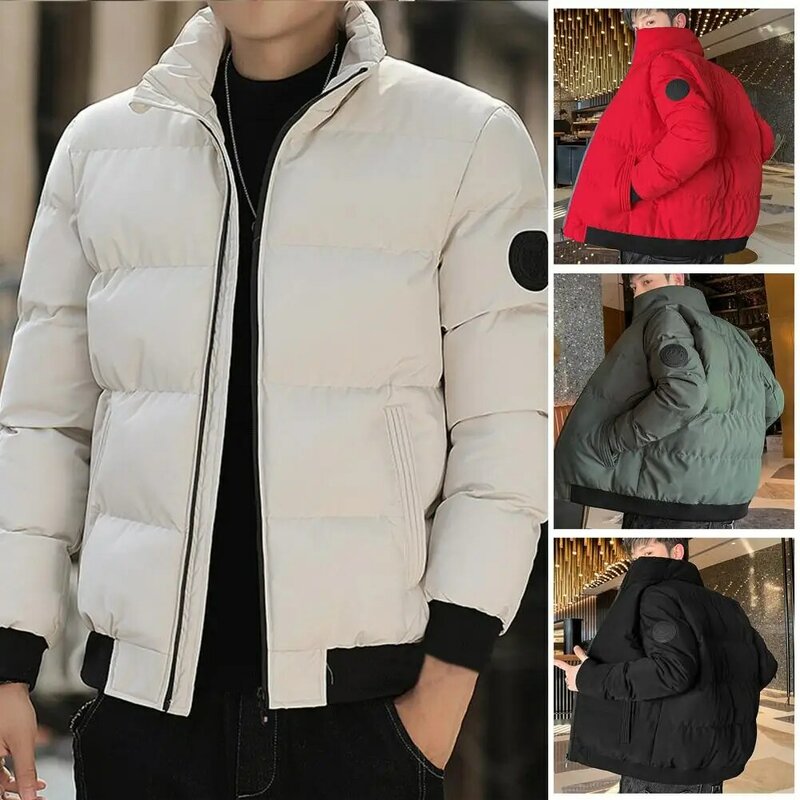 Jaqueta acolchoada de algodão masculino, casaco monocromático, gola, sobretudo, casaco grosso de inverno, blusão com zíper, streetwear