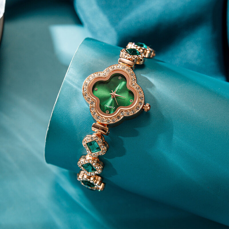 Pulseira de relógio de quartzo feminino, ouro rosa, luxo, esmeralda, verde, moda feminina, relógios diamond dial, prenda feminina