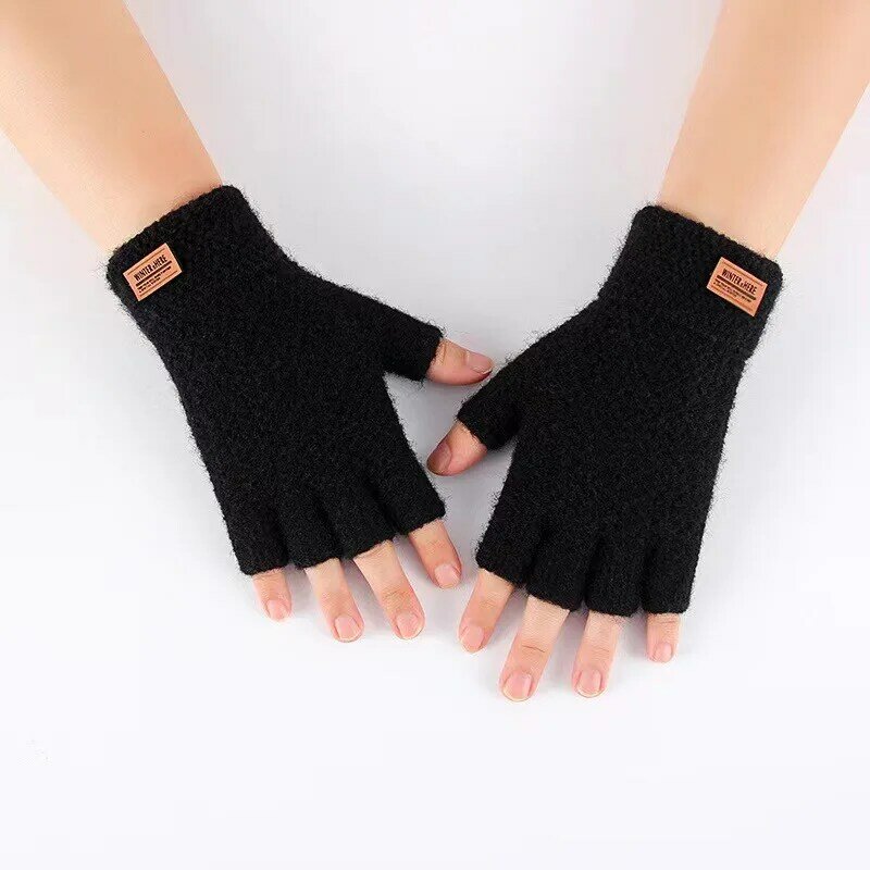 Men Winter Fingerless Gloves Half Finger Writting Office Knitted Alpaca Wool Warm Leather Label Thick Elastic Driving Gloves