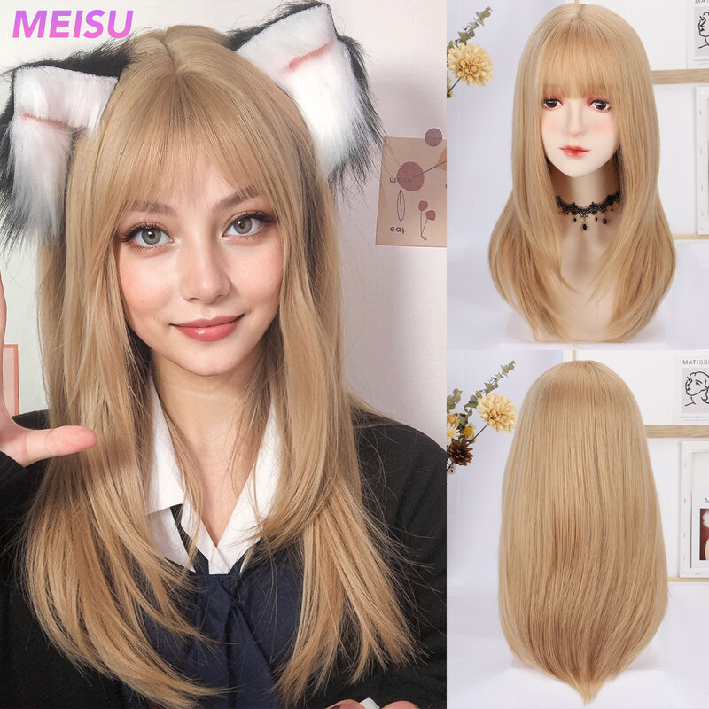 Meisu 22 Inch Lange Rechte Pony Pruik Vezel Synthetische Pruik Hittebestendige Non-Glare Natuurlijke Cosplay Haarstuk Voor Vrouwen Dagelijks Gebruik