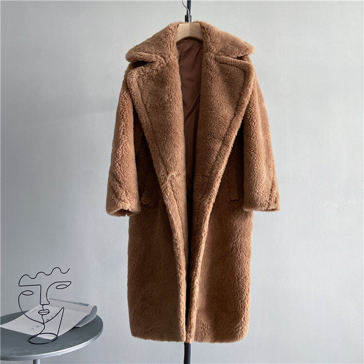 Manteau long en laine tissée pour femme, veste d'hiver, tissu optique, chaud, surdimensionné, mode streetwear, ours en peluche