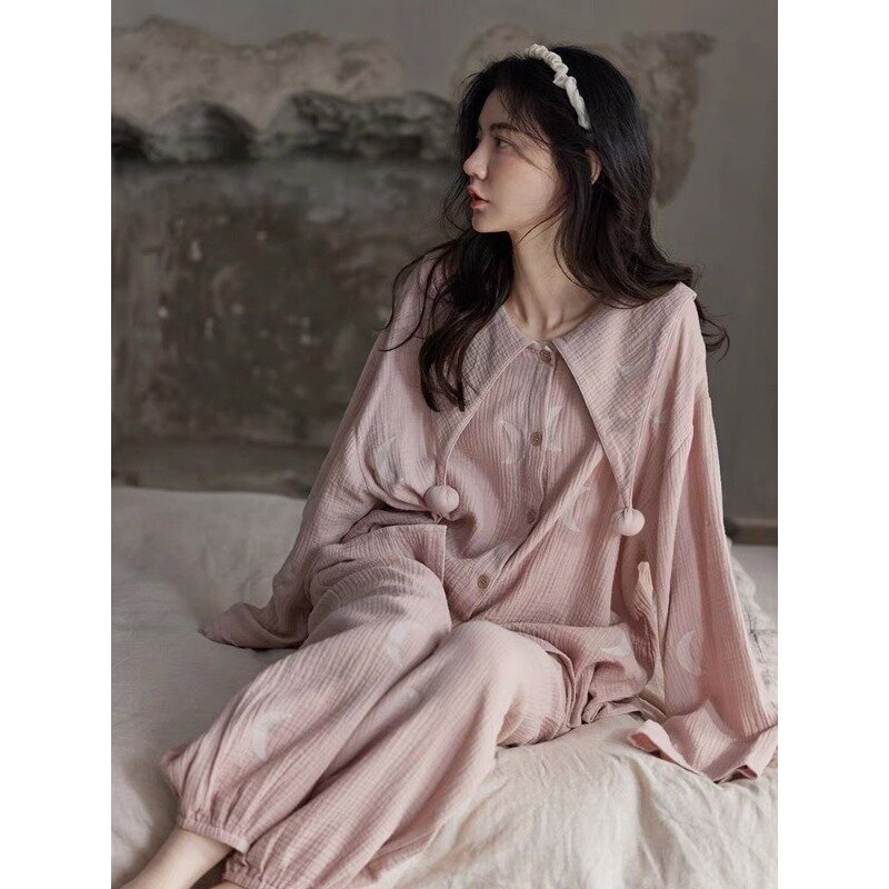 Pijama de algodão de manga comprida feminino, roupa de dormir, calça loungewear, casaco de lã caseiro, primavera, outono, novo