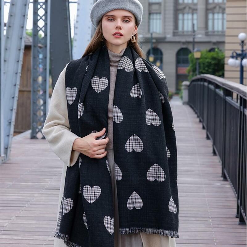 여성용 두꺼운 방풍 하트 격자 무늬 프린트 스카프, 추운 날씨 통근용, 아늑한 세련된 다목적 스카프, 겨울 스카프