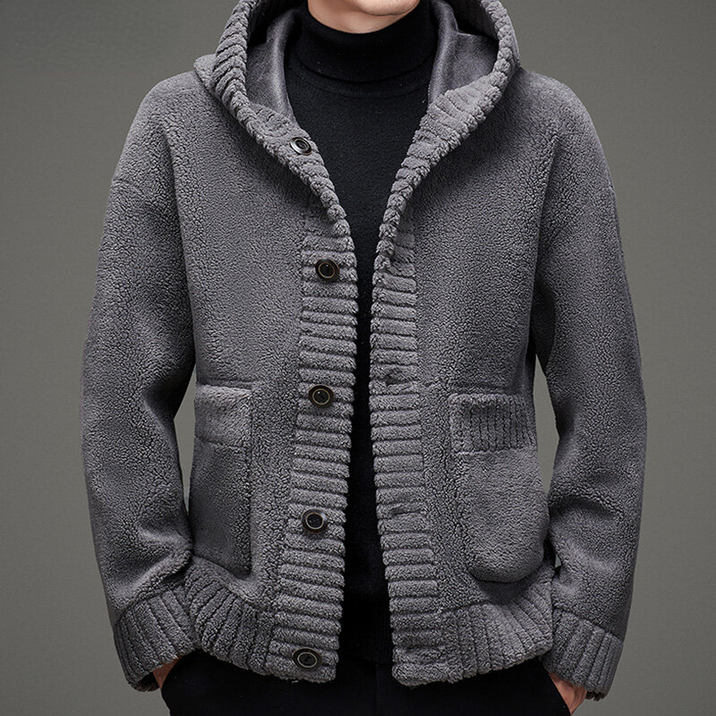 Chaquetas de doble cara para hombre, abrigos con capucha de Color sólido, abrigo cálido de piel de lana auténtica, C250, otoño e invierno, 2022