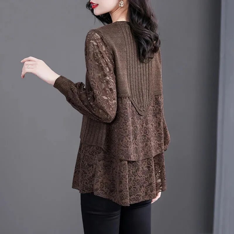 2023 Autumn Middle Aged Mother Round Collar Lace Knitted Tops Fashion Fake Two Pieces Pullovers Sweater Women Patchwork Shirts