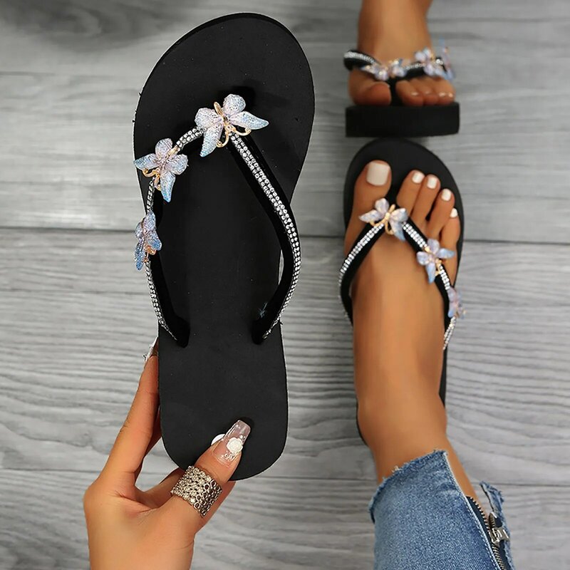 Senhoras moda verão flip flops strass borboleta fundo grosso cunhas sandálias de salto alto 2023 novo casual chinelos de espuma macia