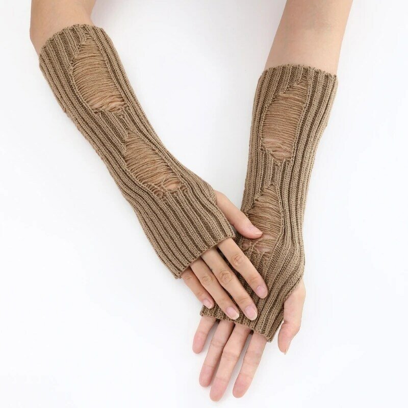 Gants d'hiver pour garder au chaud, mitaines tricotées à demi-doigts avec trous déchirés pour adultes adolescents