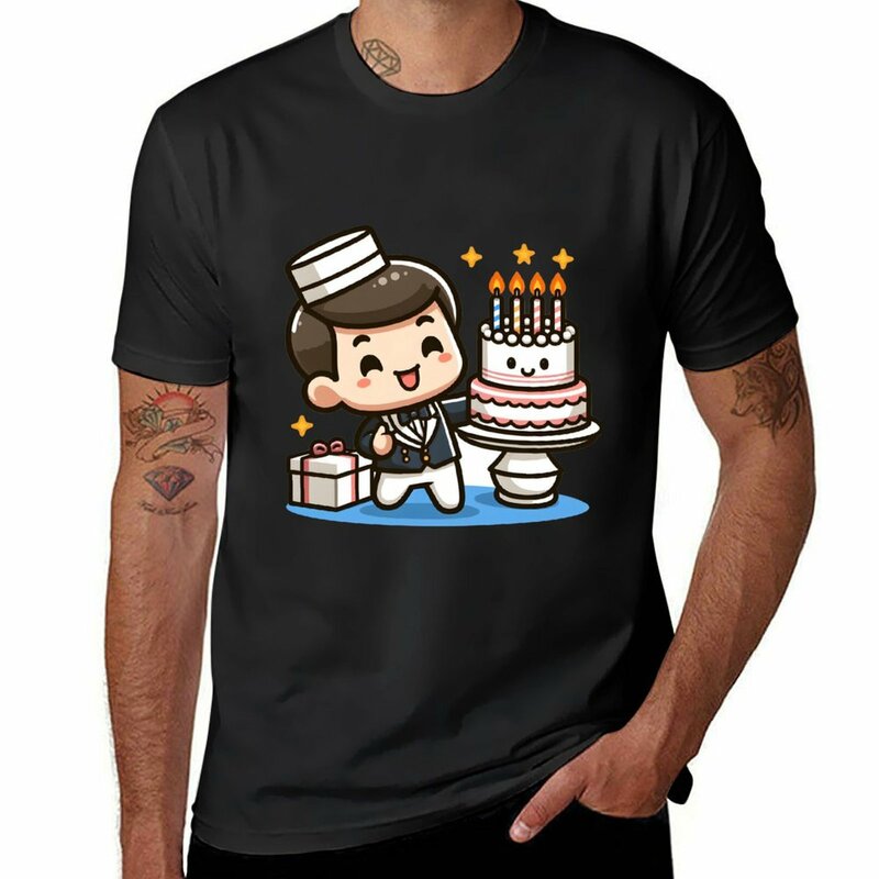 카와이 웨이터 생일 모자와 즐거운 표정 티셔츠, 소년 화이트, 남성용 헤비웨이트 티셔츠