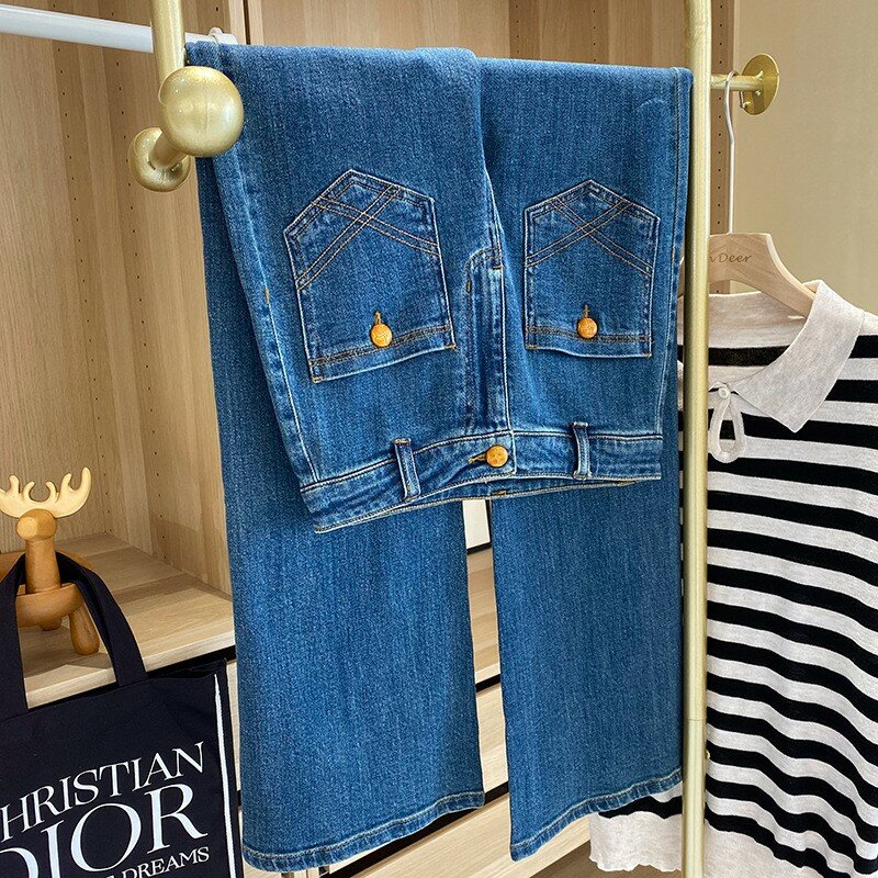 Jeans retrò francesi pantaloni da donna a vita Ultra alta dritti da pavimento tasca frontale estate 2024 nuovo Design primaverile e autunnale