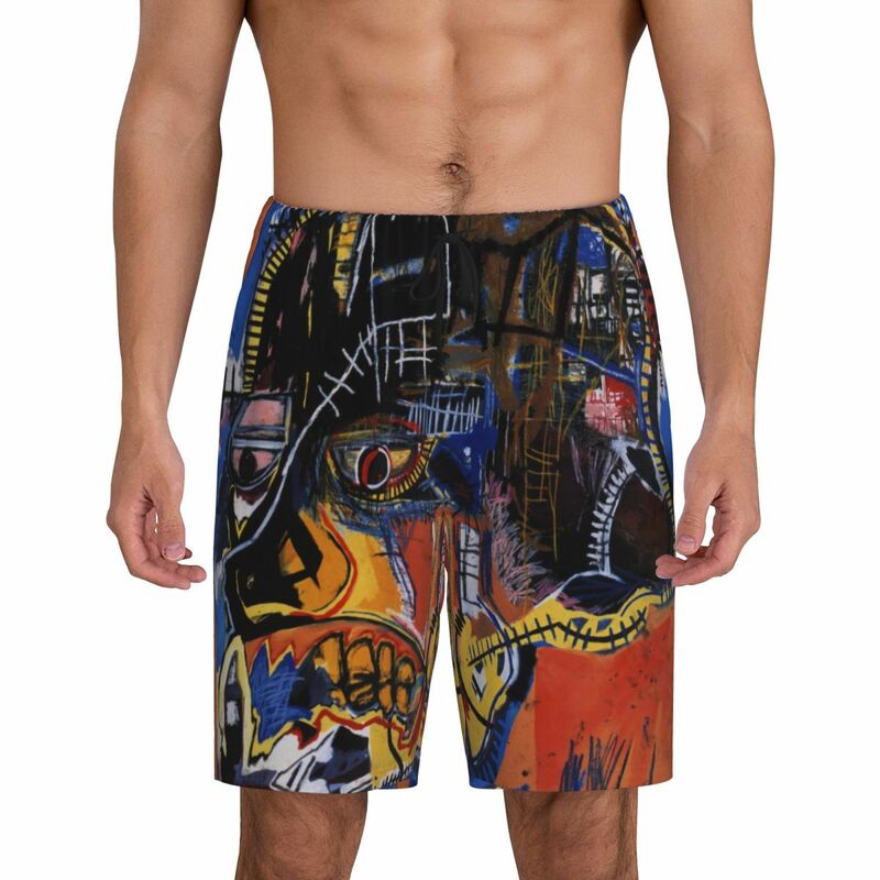 Shorts de pijama personalizados masculinos, pijamas, cintura elástica, Jean Michel Basquiats, Art Sleep Lounge, pijamas curtos com bolsos