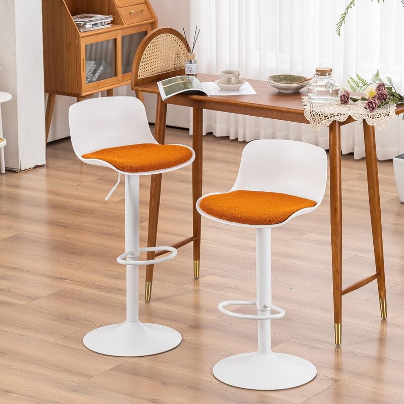 Younike Barhocker 2er-Set aus weißem, modernem Hocker mit orange farbenem, samt gepolstertem Sitz und verstellbaren drehbaren Barhockern