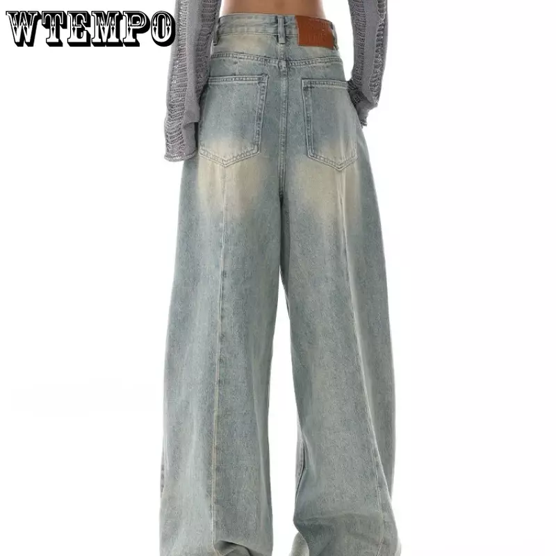 Celana panjang longgar wanita, Jeans pinggang tinggi kaki lebar celana Denim biru muda longgar Korea kasual Streetwear Y2K